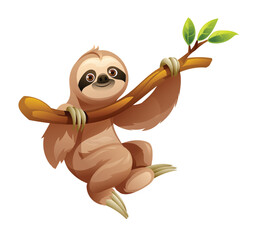 Cartoon sloth hanging from tree branch. Vector illustration isolated on white background