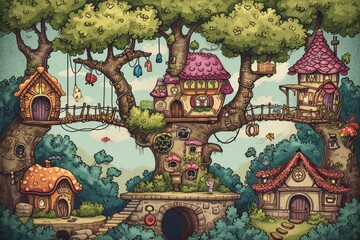 Cartoon cute doodles of a whimsical treehouse village, with characters in treehouse homes connected by charming bridges, Generative AI
