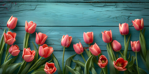 Tulip border with copy space, beautiful frame composition of spring flowers on turquoise blue vintage wooden background
