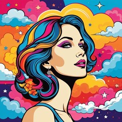 Portrait of a young woman against the backdrop of bright and colorful clouds. Illustration of pop art style by Generative AI.
