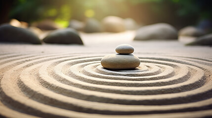 Zen garden with stacked stones on raked sand depicting tranquility and balance, with a warm sunlight background.