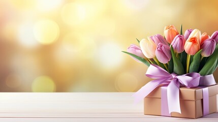 bouquet of colourful tulip gift box on bright golden bokeh background. Valentine's day-mother's day. greeting card. presentation. advertisement. copy text space.