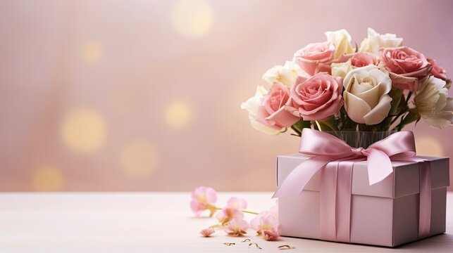 bouquet of pink rose gift box on bright pastel bokeh background. Valentine's day-mother's day. greeting card. presentation. advertisement. copy text space.
