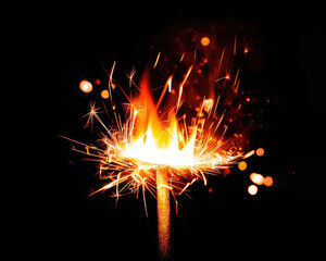 Glittering burning sparkler against blurred bokeh light background
