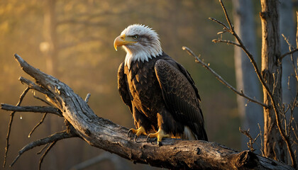 A regal bald eagle perched on a weathered tree branch, its piercing gaze fixed on the horizon as the first light of dawn bathes its feathers in a golden glow and the scene to life in stunning clarity
