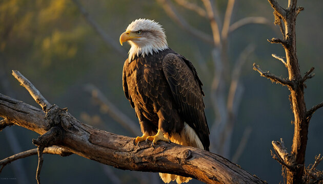 A regal bald eagle perched on a weathered tree branch, its piercing gaze fixed on the horizon as the first light of dawn bathes its feathers in a golden glow and the scene to life in stunning clarity