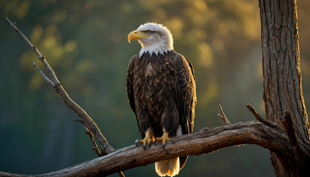 A regal bald eagle perched on a weathered tree branch, its piercing gaze fixed on the horizon as the first light of dawn bathes its feathers in a golden glow and the scene to life in stunning clarity