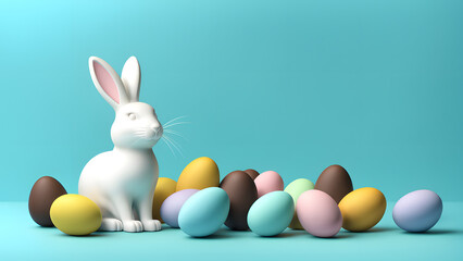 3D easter banner with rabbit character and chocolate easter eggs isolated on blue background. Happy easter concept.