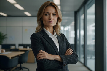 Attractive mid aged businesswoman wearing blazer and standing at the office.standing with arms crossed, Confident professional woman looking at camera and smiling.