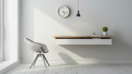 Modern Office Interior with Floating Desk and Wall-Mounted Clock AI Generated.