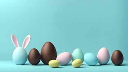 3D easter banner with bunny character and chocolate easter eggs isolated on blue background. Happy easter concept. - obrazy, fototapety, plakaty