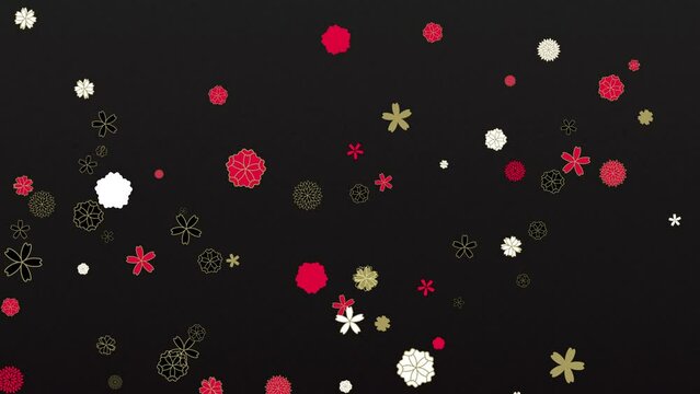 和柄の花のモチーフが降り注ぐレトロでポップな背景　ループ　黒