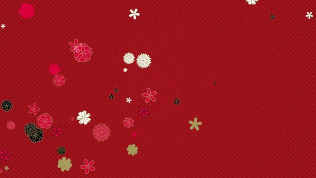 和柄の花のモチーフが舞い上がるレトロでポップな背景　ループ　赤色の一松模様