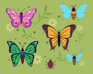 Colorful butterflies and insects vector illustration isolated on green grassy background. Bug, bees, flowers and leaves. Summer, nature concept