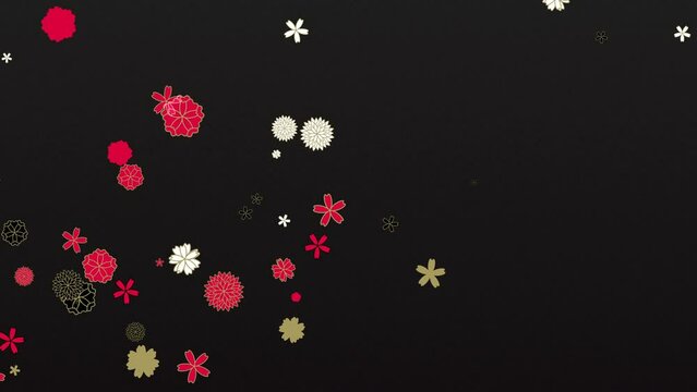 和柄の花のモチーフが舞い上がるレトロでポップな背景　ループ　黒