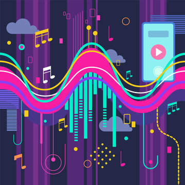Bright illustration of digital sound wave. Music notes, digital elements and MP3 player on background. Music concept