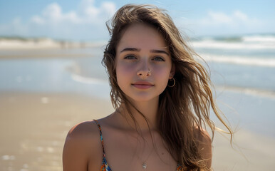 A beautiful young woman posing on the beach, enjoying the sunlight and relaxation of summer vacation.