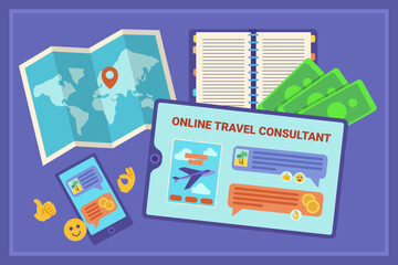 Tablet and smartphone with online travel consultant vector illustration. Map with destination point, notepad, money, emoticons on background. Social media travel content. Marketing, travel tips