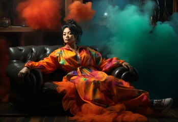 Woman in Colorful Dress Sitting on Couch