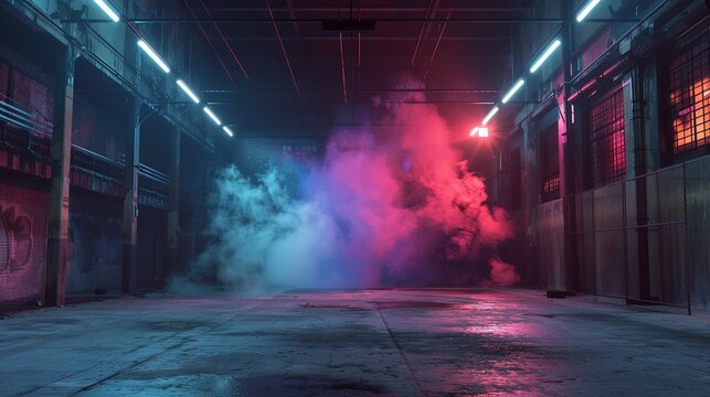 An abandoned studio with a cement floor, vibrant smoke in the backdrop, and floodlights above, Generative AI