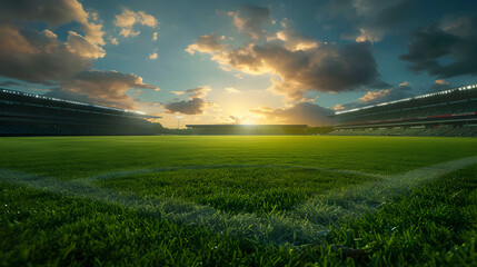 A vibrant green football field in a stadium with fans cheering in the background. - obrazy, fototapety, plakaty