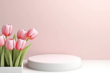 Blank podium display with tulips on bright background. Mockup for product presentation, cosmetics. advertisement. copy text space.