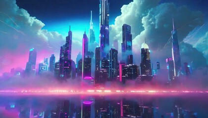 Illustration futuristic cityscape shrouded in clouds, with skyscrapers reaching up into the mist and neon lights reflecting off the dense cloud cover - obrazy, fototapety, plakaty