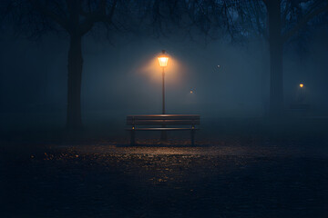 An empty public park at night with an illuminated light and a bench, creating a peaceful and tranquil atmosphere - obrazy, fototapety, plakaty