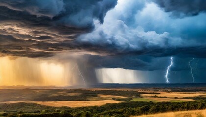 Fototapeta premium Dramatic scene of storm clouds gathering on the horizon, with lightning crackling in the distance and rain pouring down in sheets