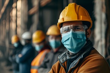A construction worker in safety gear, including a yellow hard hat and blue mask, is in focus, with blurred colleagues behind him in an industrial or construction setting