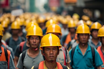 A group of construction workers in yellow helmets crowds the frame