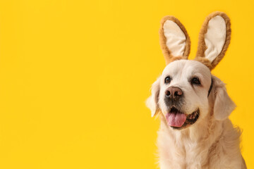 Cute Labrador dog in bunny ears on yellow background, closeup. Easter celebration - obrazy, fototapety, plakaty