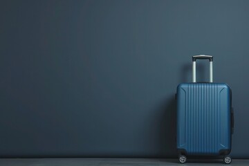 An electric blue suitcase rests against a metal blue wall