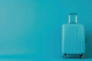 a blue suitcase is sitting on a blue surface
