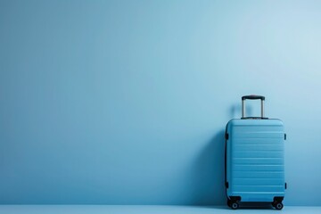 a blue suitcase is leaning against a blue wall - obrazy, fototapety, plakaty
