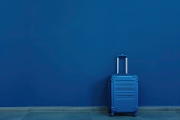 A liquid blue suitcase rests against an electric blue wall