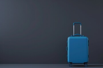a blue suitcase is sitting in front of a black wall