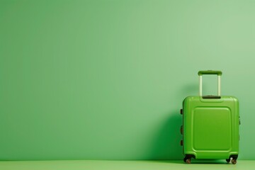 a green suitcase is sitting in front of a green wall