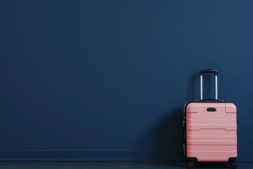 a pink suitcase is leaning against a blue wall - 737684006