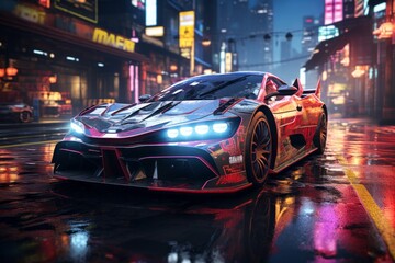 a sports car is driving down a wet city street at night
