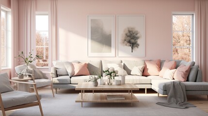 Fototapeta na wymiar Interior design of modern contemporary simplest living room inspired with scandinavian color palette 