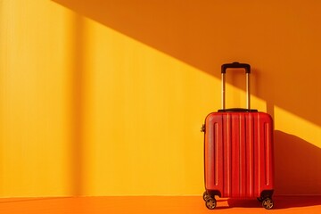 a red suitcase is sitting in front of a yellow wall