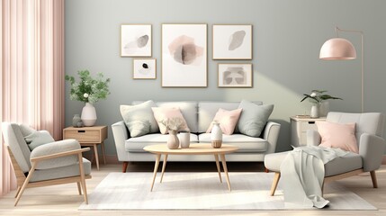 Fototapeta na wymiar Interior design of modern contemporary simplest living room inspired with scandinavian color palette 
