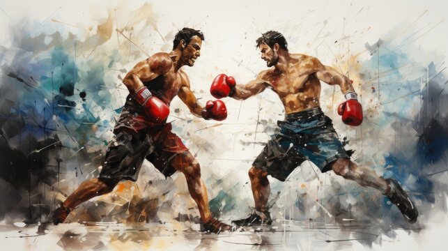 Watercolor drawing of two professional boxers.