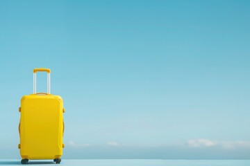 a yellow suitcase is sitting on a blue surface in front of a blue sky - 737684401
