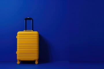a yellow suitcase is standing in front of a blue wall
