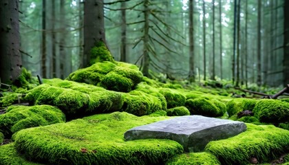 green coniferous forest and a stone pedestal made of moss