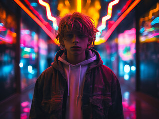 Obraz premium Neon Nightlife: A Young Soul's Urban Adventure