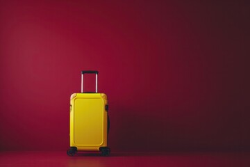 a yellow suitcase is standing in front of a red wall