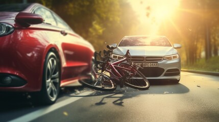 Traffic accident. Bicycle on the road after a car hit a cyclist. Neural network AI generated art